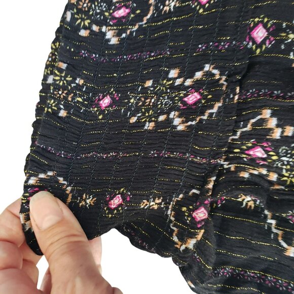 Three Dots Black Metallic Gold Floral Boho Print Elastic Waist Lightweight Short - Picture 8 of 10